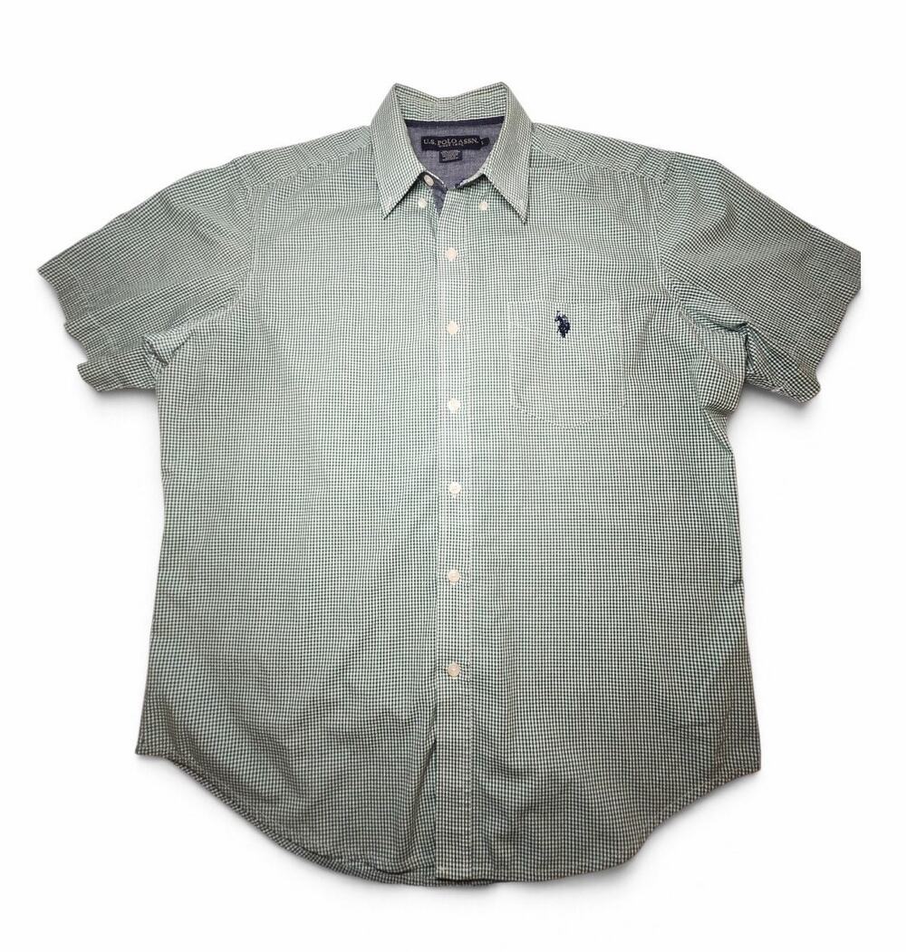 U.S. Polo Assn Mens Short Sleeve Button Down Shirt Gingham Cotton Green Size L